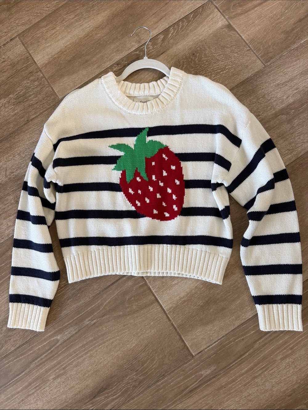 Cream Stripe Sweater with Red Strawberry design size medium